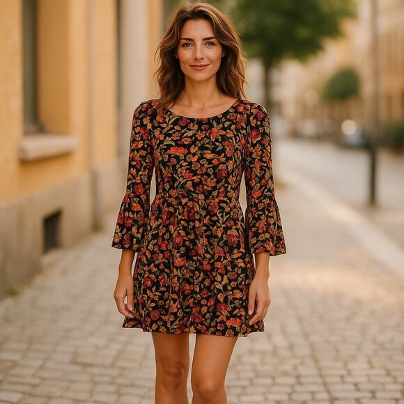 H&M Divided Y2K Floral Mini Dress Bell Sleeves Drop Waist Size 4 Vintage Retro - Picture 15 of 15